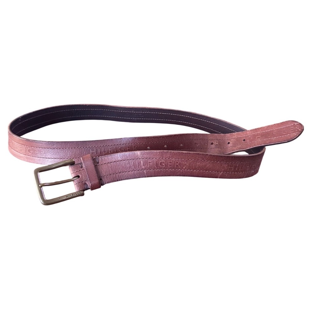 Tommy Hilfiger Mens Leather Belt Buckle Engraved Logo‎ 42-44 Vintage 90's Grunge